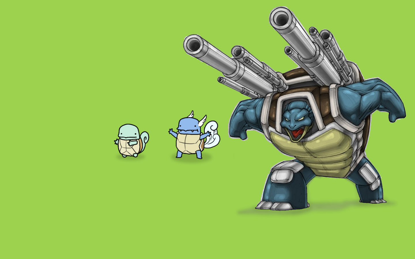 blastoise, squirtle, wartortle, nintendo, pokemon, jpeg artifacts, armor, cannon, epic, evolutionary line, full body, gen 1 pokemon, green background, no humans, pokemon (creature), simple background
