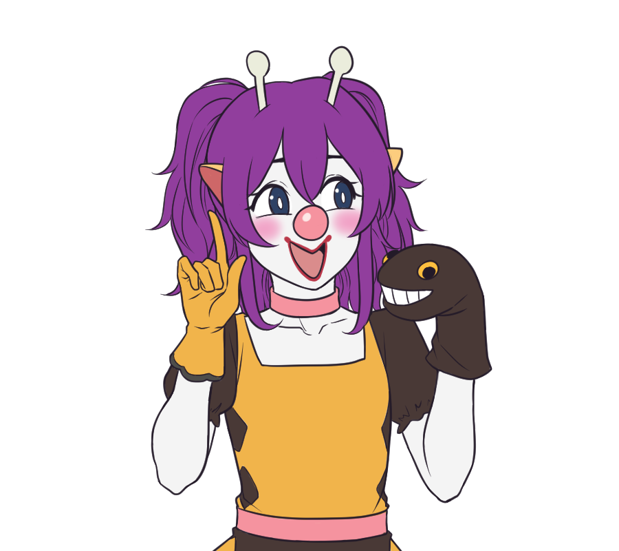 kirby otaku, girafarig, nintendo, pokemon, commentary, english commentary, 1girl, antennae, blue eyes, blush, bright pupils, choker, clown, clown nose, gen 2 pokemon, gloves, index finger raised, looking at viewer, medium hair, open mouth, orange gloves, orange shirt, personification, pink choker, pointy ears, purple hair, shirt, simple background, smile, sock puppet, solo, transparent background, twintails, upper body, white pupils