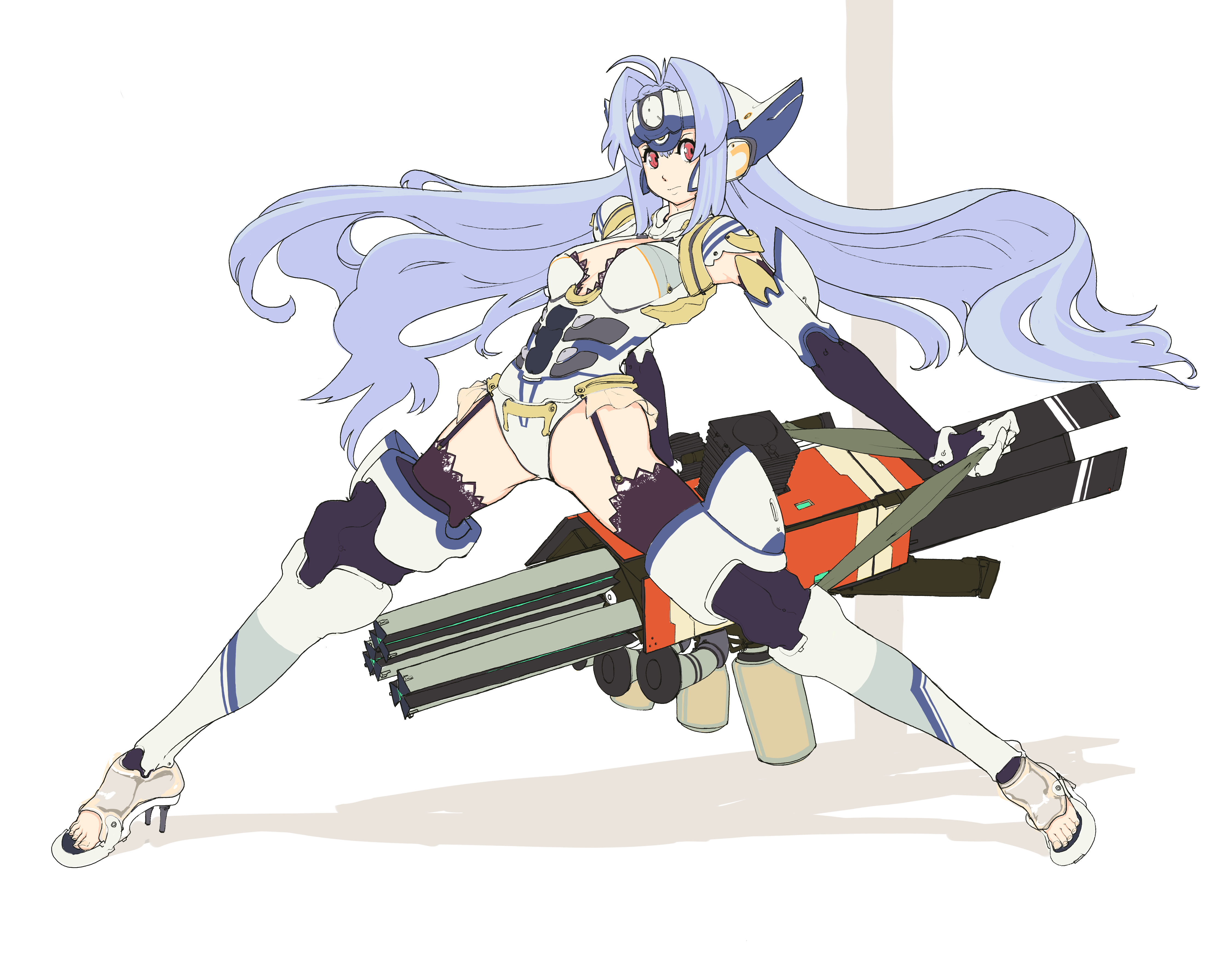 karakusa senbei, wr (karakusa senbei), kos-mos, xenosaga, absurdres, highres, 00s, 1girl, android, blue hair, boots, elbow gloves, female focus, garter straps, gloves, gun, leaning back, long hair, machine gun, red eyes, robot ears, solo, thighhighs, weapon
