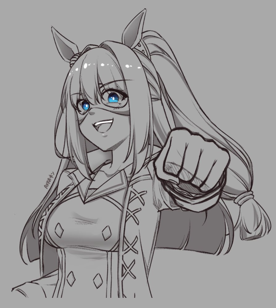 akkanen, el condor pasa (el numero 1) (umamusume), el condor pasa (umamusume), umamusume, commentary, english commentary, 1girl, animal ears, blue eyes, breasts, coat, cropped torso, domino mask, ear ornament, ear scrunchie, eye mask, fist bump, hair between eyes, horse ears, horse girl, long hair, looking at viewer, mask, medium breasts, monochrome, open clothes, open coat, open mouth, outstretched arm, ponytail, shirt, simple background, smile, spot color