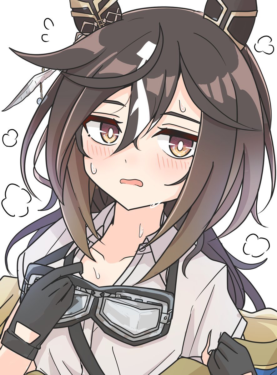 arnolddayo, stay gold (umamusume), umamusume, commentary request, highres, 1girl, animal ears, black gloves, black hair, blush, brown eyes, brown hair, coat, coat partially removed, collarbone, collared shirt, ear covers, gloves, goggles, goggles around neck, gradient eyes, hair between eyes, horse ears, horse girl, long hair, looking at viewer, multicolored eyes, multicolored hair, open mouth, purple eyes, shirt, solo, streaked hair, sweat, upper body, white hair, white shirt, yellow coat