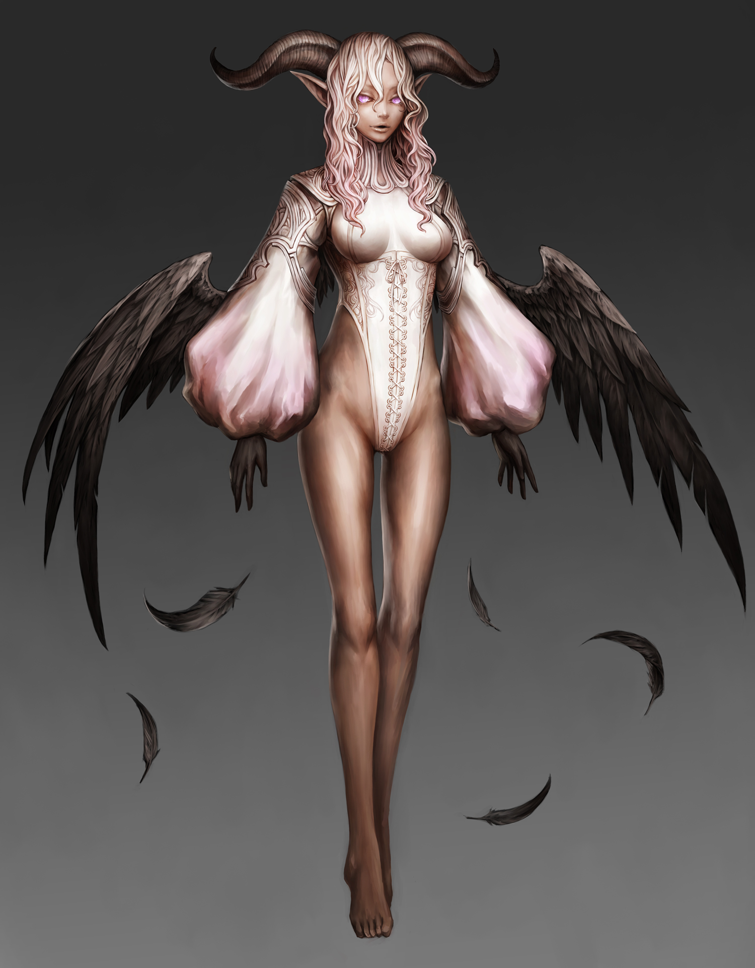nabe (crow's head), original, highres, 1girl, bare legs, barefoot, demon girl, feathers, female focus, horns, pointy ears, purple eyes, solo, white hair, wings