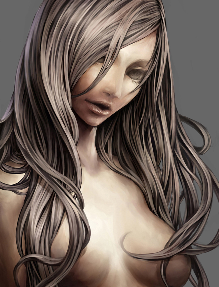 nabe (crow's head), original, 1girl, breasts, brown eyes, brown hair, censored, convenient censoring, female focus, hair censor, hair over breasts, long hair, medium breasts, nude, solo