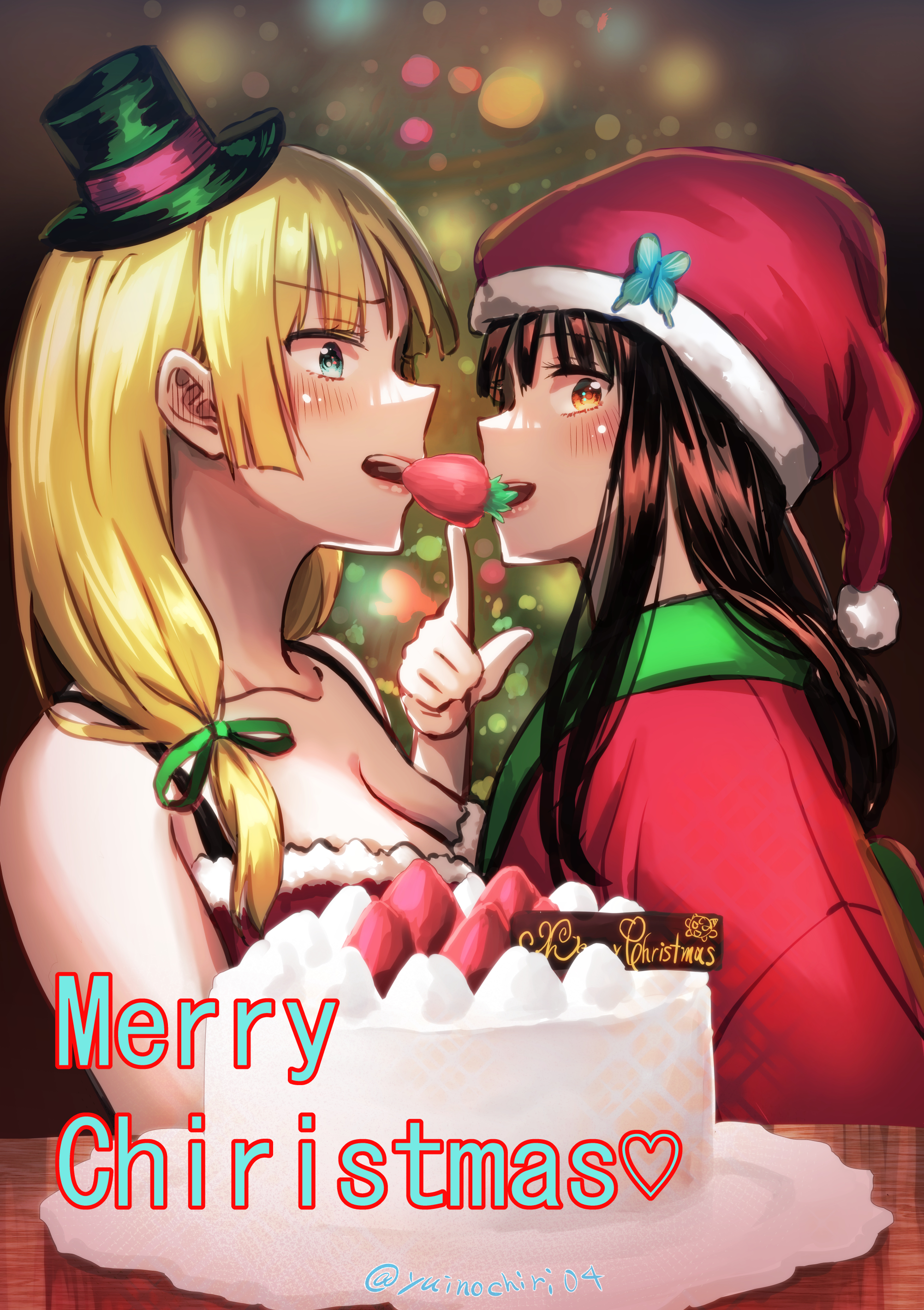 yuinochiri04, absurdres, commentary request, highres, 2girls, aqua eyes, bare shoulders, blonde hair, breasts, brown hair, cake, christmas, cleavage, collarbone, food, fruit, green hat, green ribbon, hair ribbon, hat, long hair, looking at viewer, merry christmas, mini hat, multiple girls, okiku-san wa ichatsukitai, okiku (yunochiri04), orange eyes, ribbon, ryouyou hijiri, santa hat, strawberry, yuri