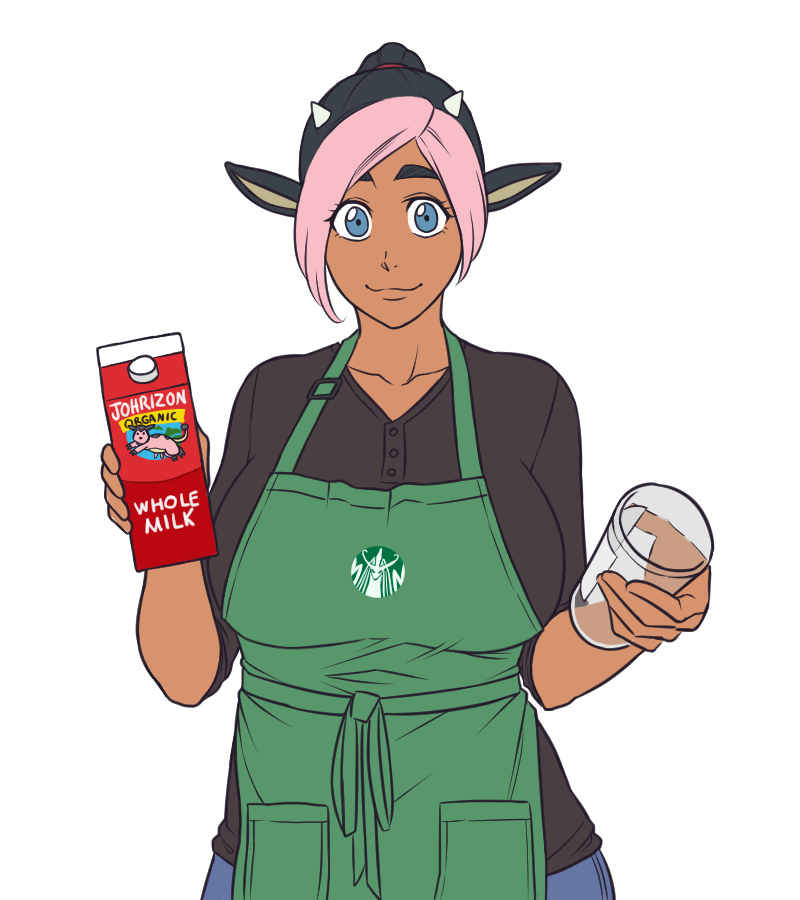 kirby otaku, miltank, nintendo, pokemon, starbucks, commentary, english commentary, 1girl, animal ears, apron, black hair, black shirt, blue eyes, breasts, closed mouth, cow ears, cow girl, cowboy shot, cup, dark-skinned female, dark skin, drink carton, employee uniform, fast food uniform, gen 2 pokemon, green apron, holding, holding cup, holding milk carton, iced latte with breast milk (meme), large breasts, looking at viewer, meme, milk carton, multicolored hair, personification, pink hair, shirt, simple background, smile, solo, transparent background, two-tone hair
