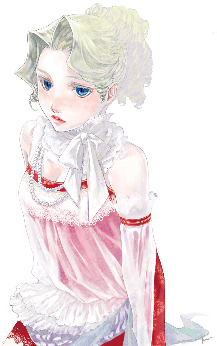 katsura (+araka), tina branford, final fantasy, final fantasy vi, bad id, bad pixiv id, highres, 1990s (style), 1girl, blonde hair, blue eyes, bow, colored eyelashes, detached sleeves, dress, drill hair, drill sidelocks, female focus, jewelry, lipstick, long hair, makeup, necklace, ponytail, retro artstyle, sidelocks, simple background, solo, white background