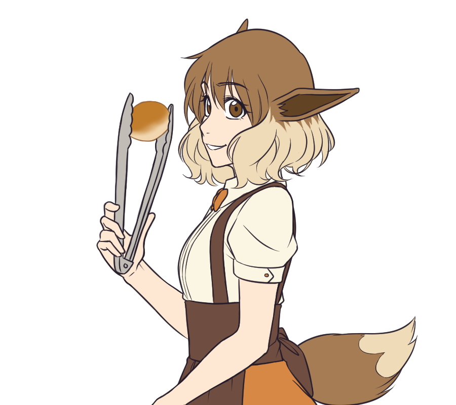 kirby otaku, eevee, nintendo, pokemon, commentary, english commentary, 1girl, animal ears, bow, bowtie, bread, brown bow, brown bowtie, brown eyes, brown hair, brown skirt, food, gen 1 pokemon, grin, holding, holding tongs, looking at viewer, looking to the side, multicolored hair, personification, shirt, short hair, simple background, skirt, smile, solo, suspender skirt, suspenders, tail, tongs, transparent background, two-tone hair, upper body, white shirt