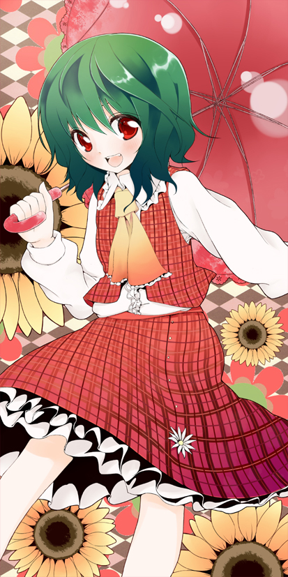 suzume miku, kazami yuuka, touhou, 1girl, :d, ascot, female focus, flower, green hair, open mouth, plaid clothes, plaid skirt, plaid vest, red eyes, short hair, skirt, skirt set, smile, solo, sunflower, umbrella, vest