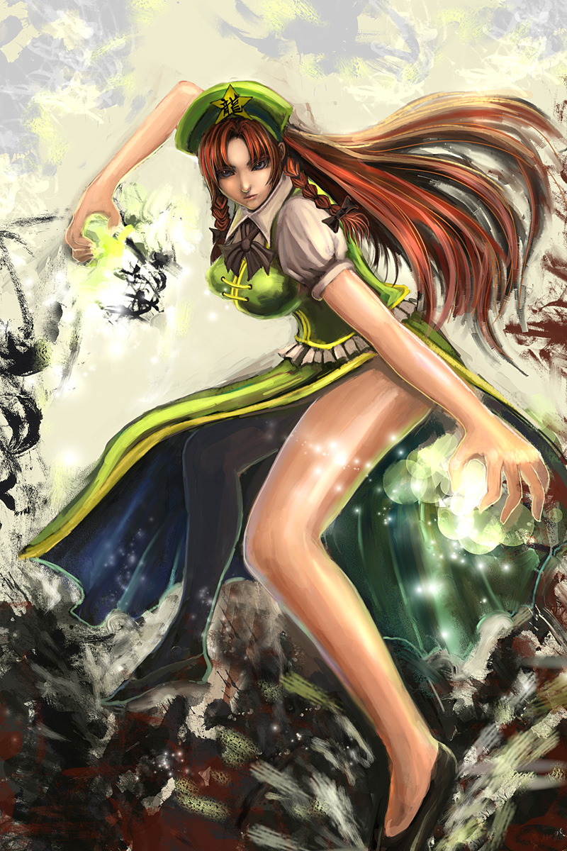 bccp, hong meiling, immaterial and missing power, touhou, highres, 1girl, blue eyes, braid, breasts, china dress, chinese clothes, dress, female focus, full body, hat, long hair, magic, red hair, solo, twin braids