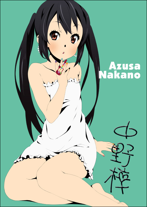 mizuki makoto, nakano azusa, k-on!, 00s, 1girl, barefoot, dress, female focus, flat color, solo, twintails