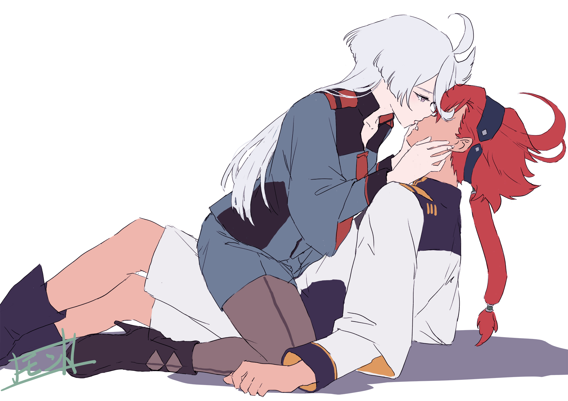 miorine rembran, suletta mercury, gundam, gundam suisei no majo, commentary request, highres, 2girls, asticassia school uniform, black boots, black hairband, black pantyhose, boots, green jacket, green shorts, grey eyes, hairband, hands on another's face, high heel boots, high heels, imminent kiss, jacket, long hair, monto (user dmde2437), multiple girls, pantyhose, parted lips, ponytail, red hair, school uniform, shadow, shorts, simple background, straddling, white background, white hair, white jacket, white shorts, yuri