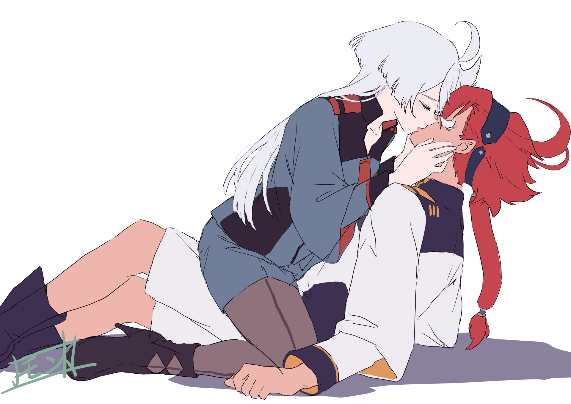 miorine rembran, suletta mercury, gundam, gundam suisei no majo, commentary request, highres, 2girls, asticassia school uniform, black boots, black hairband, black pantyhose, boots, green jacket, green shorts, grey eyes, hairband, hands on another's face, high heel boots, high heels, jacket, kiss, long hair, monto (user dmde2437), multiple girls, pantyhose, ponytail, red hair, school uniform, shadow, shorts, simple background, straddling, white background, white hair, white jacket, white shorts, yuri