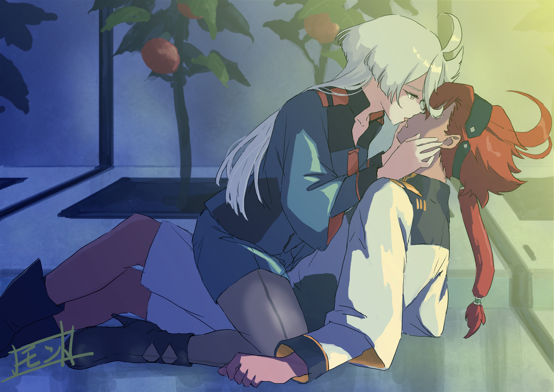 miorine rembran, gundam, gundam suisei no majo, commentary request, highres, 2girls, asticassia school uniform, black boots, black hairband, black pantyhose, boots, green jacket, green shorts, grey eyes, hairband, hands on another's face, high heel boots, high heels, imminent kiss, jacket, long hair, monto (user dmde2437), multiple girls, pantyhose, parted lips, plant, ponytail, red hair, school uniform, shorts, straddling, tomato, white hair, white jacket, white shorts, yuri