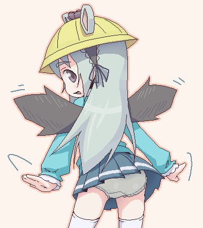 furi, suigintou, gentosha, rozen maiden, silver hair, lowres, 00s, 1girl, ass, back, child, female focus, from behind, grey eyes, hairband, hat, lace, lace-trimmed panties, lace trim, long hair, looking back, panties, pantyshot, skirt, solo, thighhighs, underwear, upskirt, white thighhighs, wings