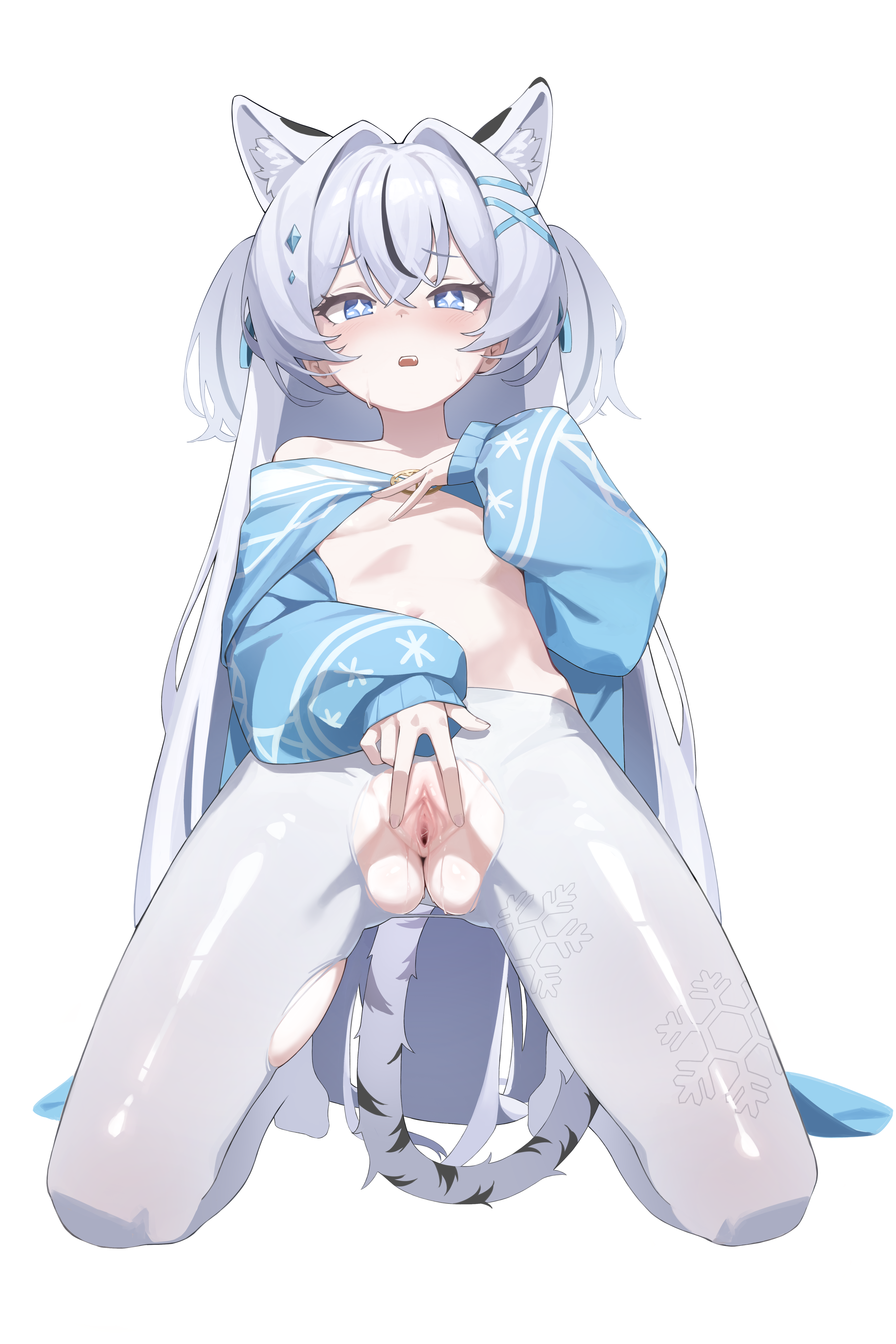 jjilisjjalisjjulis, original, absurdres, commentary request, commission, highres, korean commentary, 1girl, animal ear fluff, animal ears, blue eyes, breasts, grey hair, hair between eyes, hair intakes, kneeling, long hair, looking at viewer, open mouth, pantyhose, simple background, sleeves past fingers, sleeves past wrists, small breasts, solo, spread pussy, spreading own pussy, tail, torn clothes, torn pantyhose, uncensored, white background