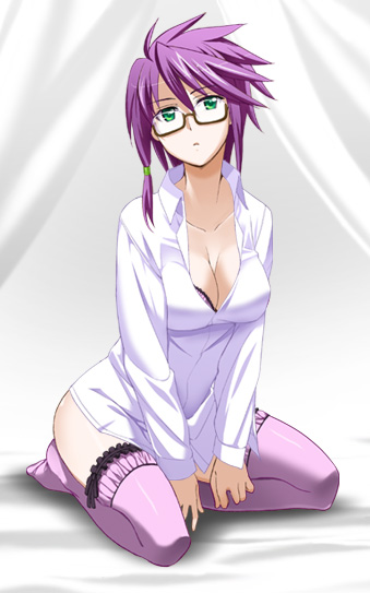 inue shinsuke, 1girl, bra, breasts, cleavage, female focus, glasses, green eyes, kneeling, lingerie, purple hair, shirt, solo, thighhighs, underwear