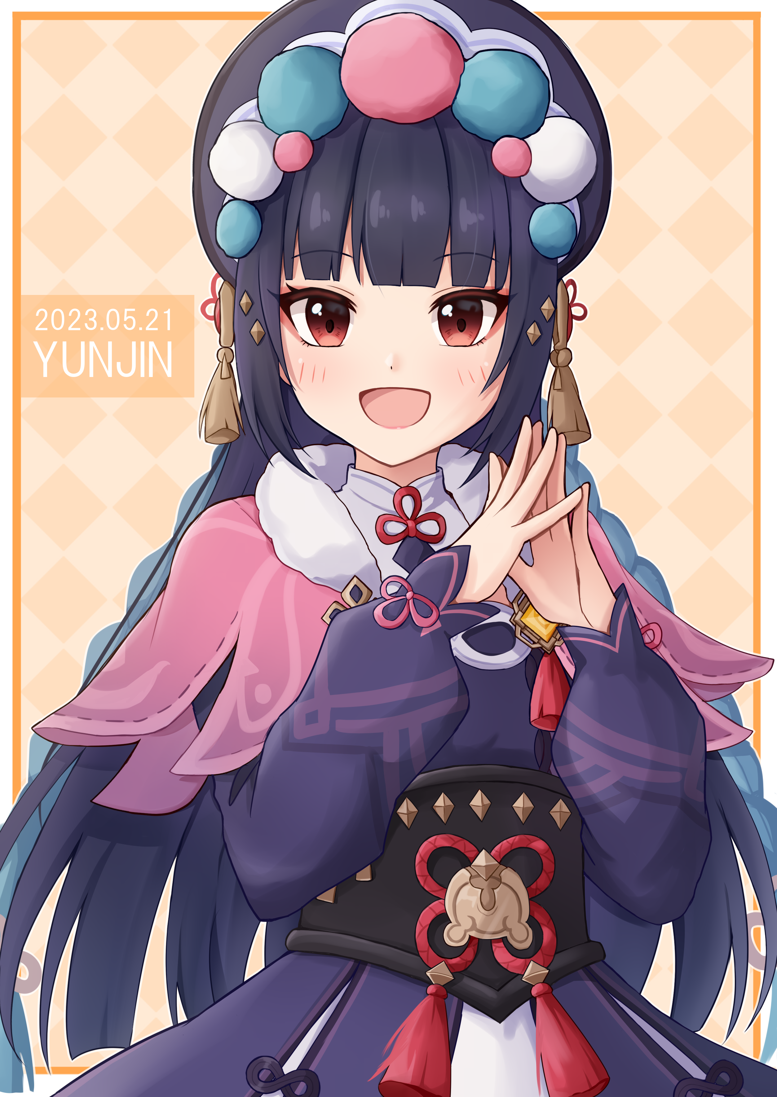 mameno mame, yun jin (genshin impact), genshin impact, absurdres, commentary request, highres, 1girl, black hair, blunt bangs, blush, bonnet, capelet, chinese clothes, dress, hair ornament, hands up, hat, long hair, long sleeves, looking at viewer, makeup, open mouth, purple hair, red eyes, simple background, smile, solo, tassel, vision (genshin impact)