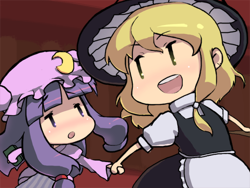 blueberry (5959), kirisame marisa, patchouli knowledge, touhou, 2girls, chibi, female focus, hat, holding hands, multiple girls, witch, witch hat