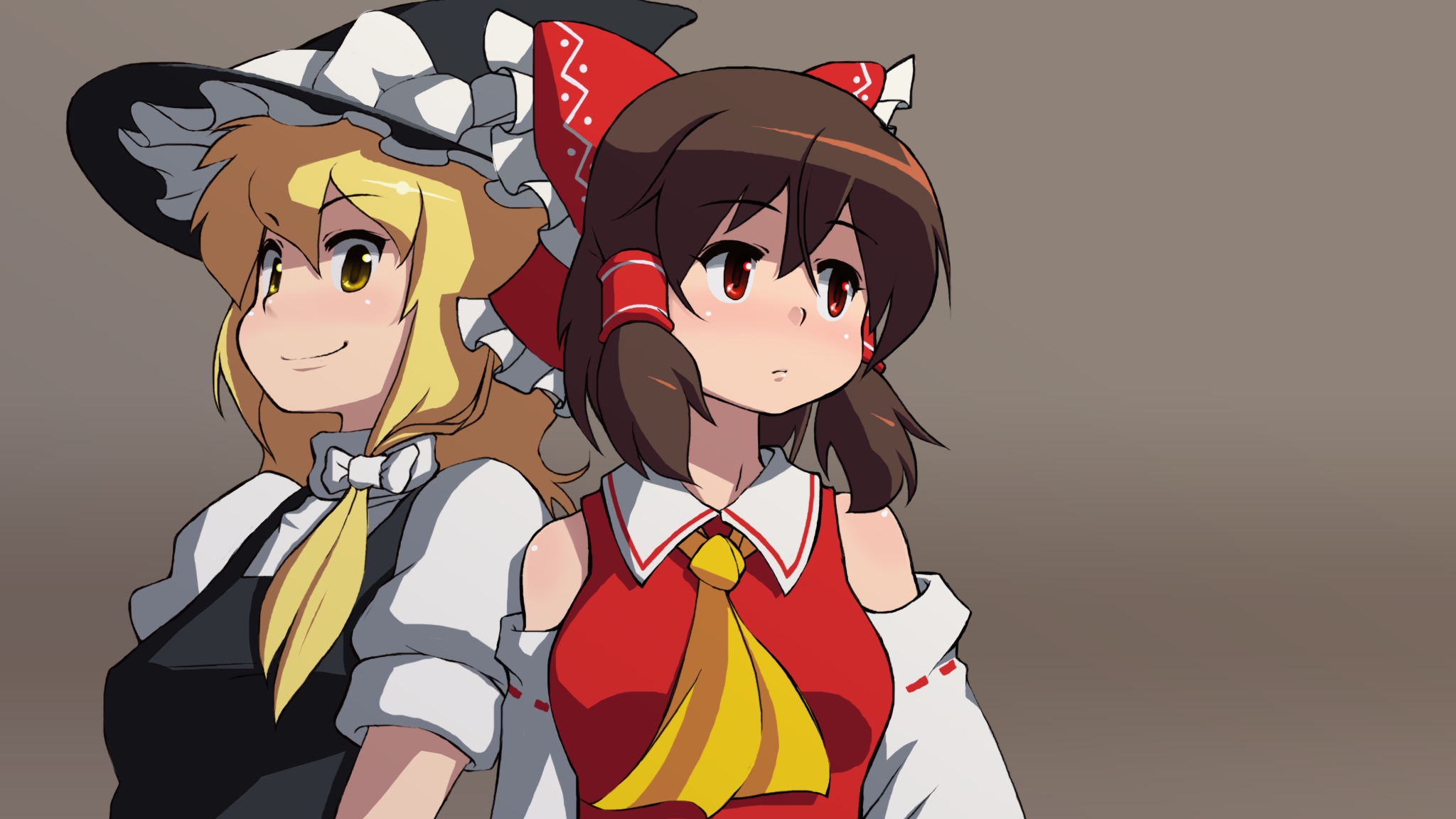blueberry (5959), hakurei reimu, kirisame marisa, touhou, highres, 2girls, blonde hair, brown hair, detached sleeves, female focus, hat, japanese clothes, miko, multiple girls, red eyes, yellow eyes