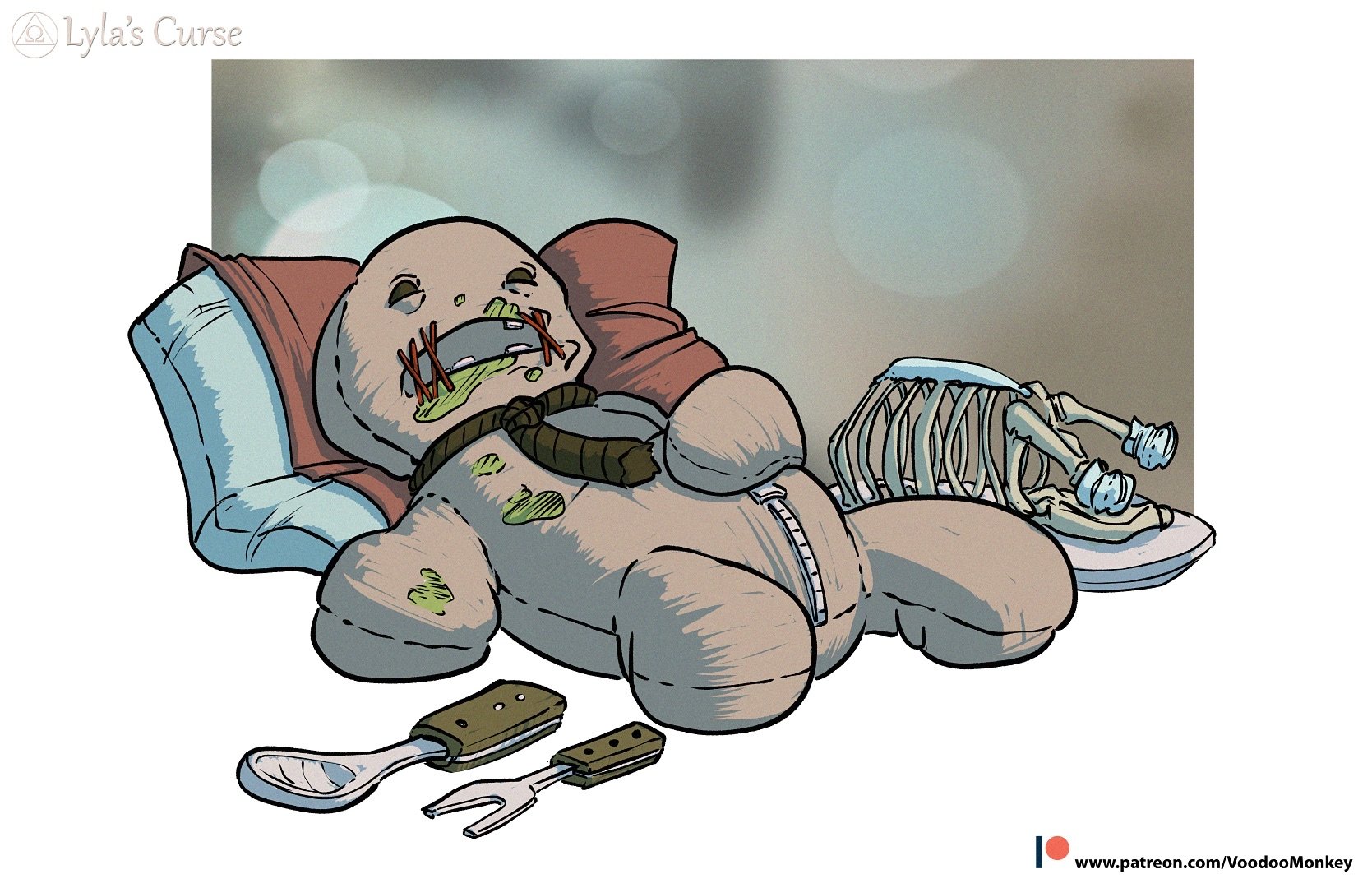 original, commentary, english commentary, highres, bone, dead animal, eating, fainted, full body, lylas curse, messy eater, noose, sleeping, utensil, voodoo doll, voodoo monkey, zipper