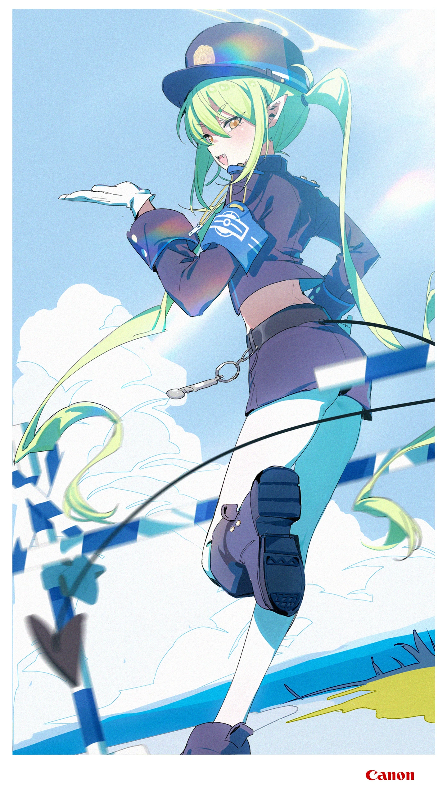 inseki11, nozomi (blue archive), blue archive, absurdres, chinese commentary, commentary, highres, making-of available, 1girl, :d, armband, black boots, black jacket, black shorts, black tail, blue armband, blue hat, boots, border, charm (object), cloud, cloudy sky, completion time, cumulonimbus cloud, demon girl, demon tail, dutch angle, fang, gloves, green hair, green halo, hair between eyes, halo, hand on own hip, hand up, hat, jacket, leg up, lens flare, long hair, long sleeves, looking at viewer, looking back, midriff, open mouth, pantyhose, peaked cap, pointy ears, shoe soles, short shorts, shorts, sidelocks, sky, smile, solo, tail, turning head, twintails, v-shaped eyebrows, very long hair, white border, white gloves, white pantyhose, yellow eyes