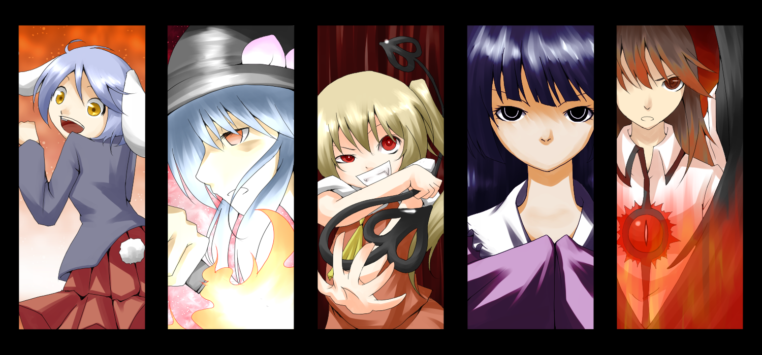 haruba negi, shiro negi, flandre scarlet, hinanawi tenshi, houraisan kaguya, reisen, reiuji utsuho, touhou, bad id, bad pixiv id, 5girls, animal ears, blonde hair, blue eyes, blue hair, brown eyes, brown hair, column lineup, fangs, female focus, food, fruit, grin, hat, long hair, looking back, multiple girls, peach, purple hair, rabbit ears, rabbit tail, red eyes, short hair, side ponytail, smile, tail, wings, yellow eyes