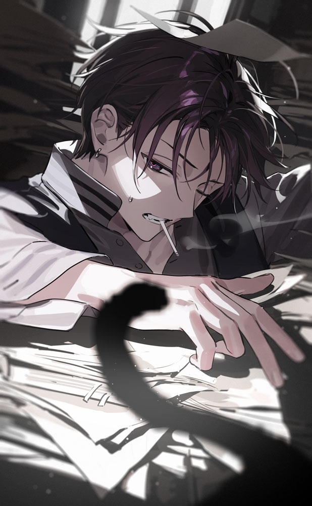 itefu, saiki ittetsu, nijisanji, commentary, 1boy, black vest, blurry, blurry foreground, cat, cigarette, earrings, grimace, indoors, jewelry, long sleeves, male focus, messy hair, one eye closed, paper, paper stack, purple eyes, purple hair, shirt, smoking, solo, upper body, vest, virtual youtuber, white shirt, window
