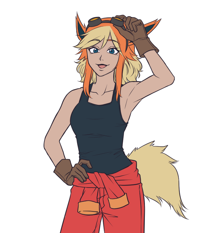 kirby otaku, flareon, nintendo, pokemon, commentary, english commentary, 1girl, animal ears, armpits, black tank top, blacksmith, blue eyes, breasts, brown gloves, brown hair, cowboy shot, gen 1 pokemon, gloves, goggles, goggles on head, hand on own hip, jumpsuit, jumpsuit around waist, looking at viewer, medium breasts, multicolored hair, open mouth, orange hair, personification, red jumpsuit, simple background, solo, tail, tank top, transparent background, two-tone hair