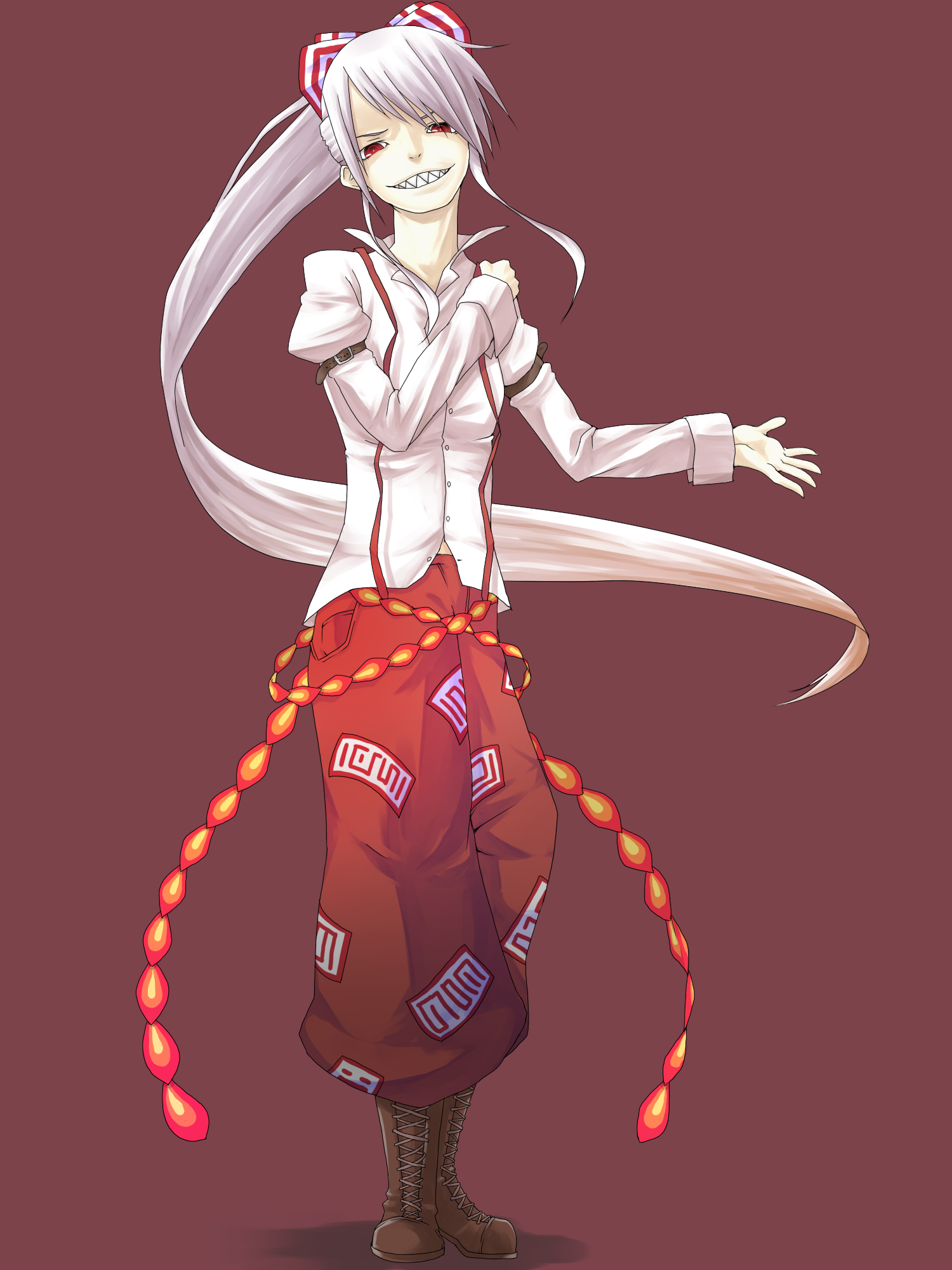 haruba negi, shiro negi, fujiwara no mokou, touhou, silver hair, highres, 1girl, belt, boots, female focus, grin, long hair, ponytail, red eyes, sharp teeth, simple background, smile, solo, suspenders, teeth