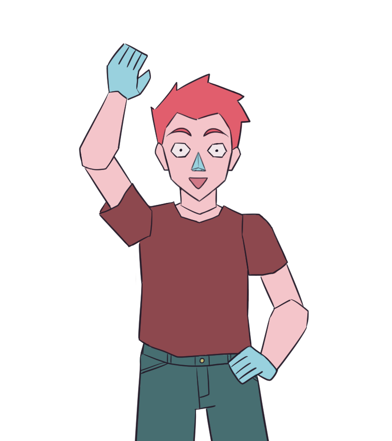 kirby otaku, porygon, nintendo, pokemon, commentary, english commentary, 1boy, arm up, black eyes, blue gloves, blue pants, brown shirt, colored skin, cowboy shot, gen 1 pokemon, gloves, looking at viewer, low poly, male focus, open mouth, pants, personification, pink hair, pink skin, shirt, short sleeves, simple background, smile, solo, transparent background, waving