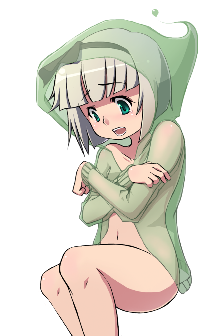 blueberry (5959), konpaku youmu, konpaku youmu (ghost), touhou, silver hair, bad id, bad pixiv id, 1girl, aqua eyes, crossed arms, female focus, hairband, hitodama, hood, hoodie, navel, nude, see-through clothes, short hair, solo, tears