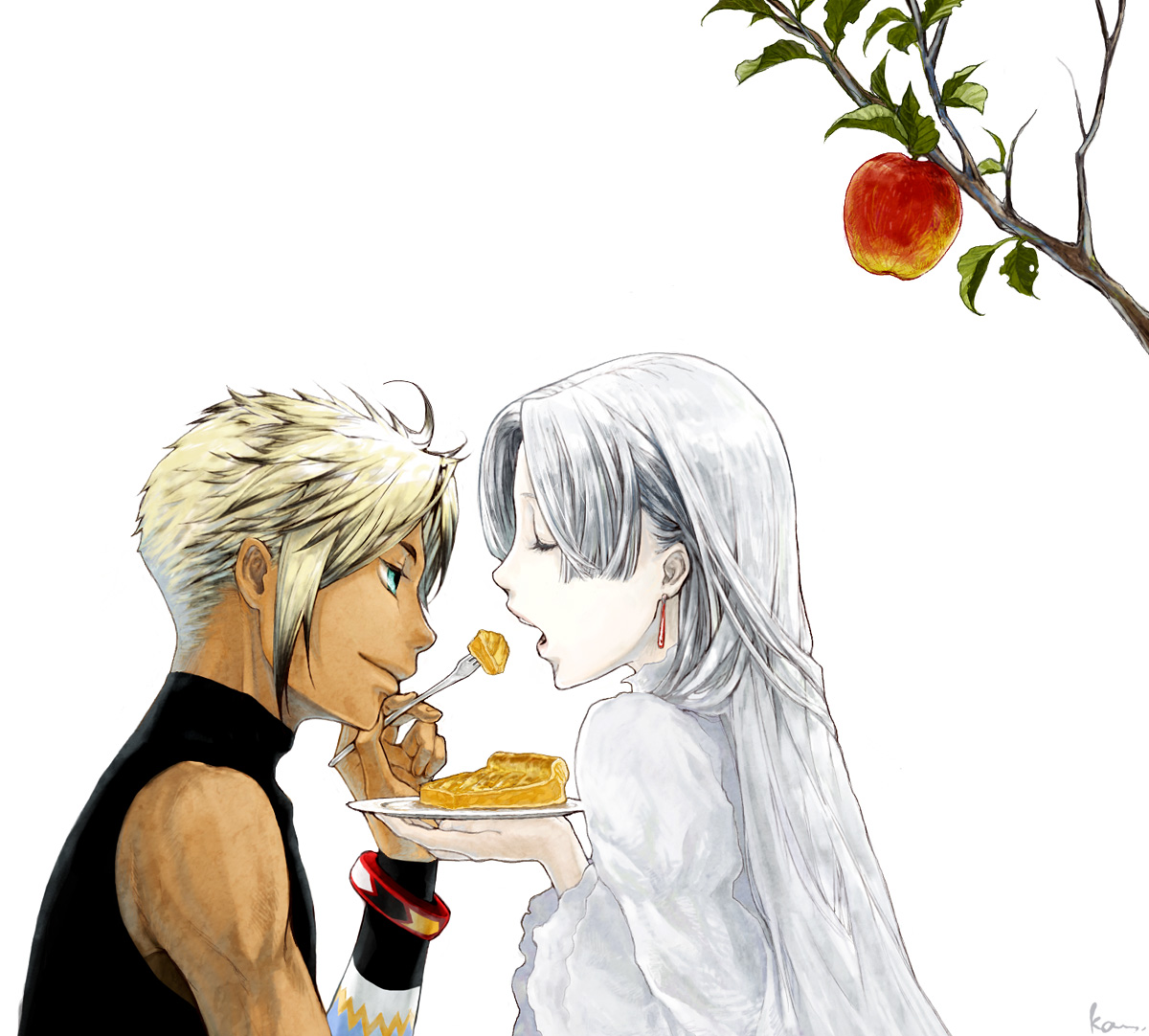 katsura (+araka), chris lightfellow, hugo (suikoden iii), gensou suikoden, gensou suikoden iii, silver hair, bad id, bad pixiv id, 1boy, 1girl, apple, aqua eyes, closed eyes, couple, dark-skinned male, dark skin, eating, food, fruit, hair down, half-closed eyes, hetero, long hair, pale skin, parted bangs, pie, plate, simple background, white background