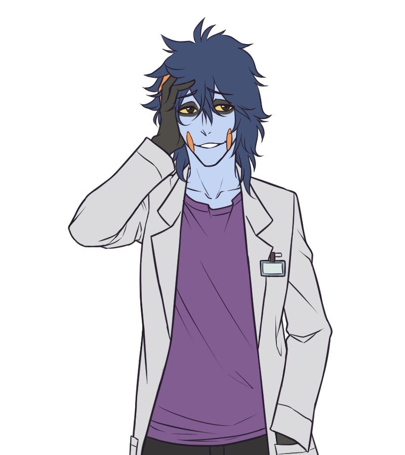 kirby otaku, croagunk, nintendo, pokemon, commentary, english commentary, 1boy, bags under eyes, black eyes, black gloves, blue hair, blue skin, coat, colored skin, gen 4 pokemon, gloves, grey coat, hand in own hair, lab coat, looking at viewer, male focus, medium hair, open clothes, open coat, personification, purple shirt, shirt, simple background, solo, transparent background, upper body, yellow eyes