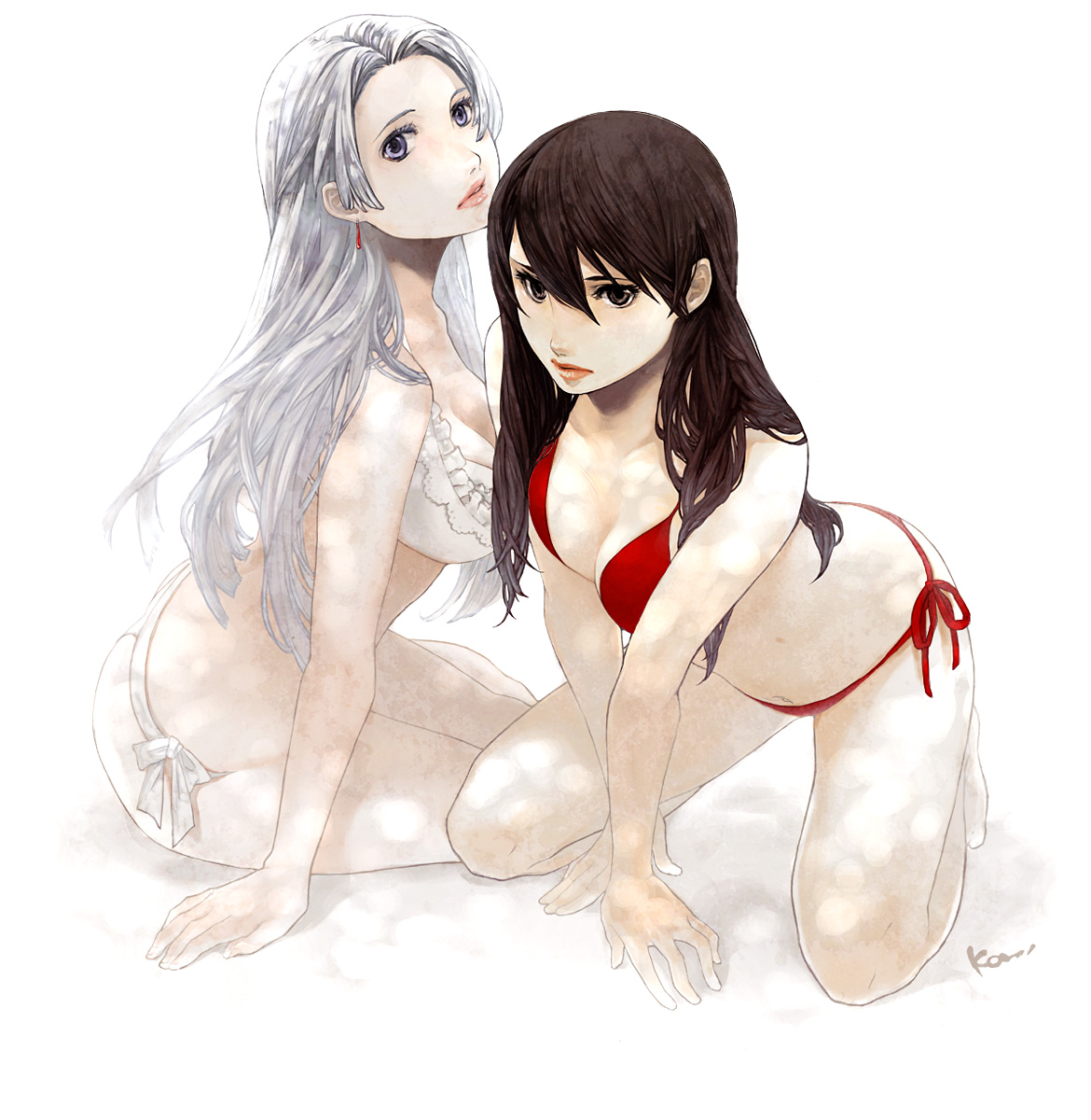 katsura (+araka), balsa, chris lightfellow, gensou suikoden, gensou suikoden iii, seirei no moribito, bad id, bad pixiv id, highres, 2girls, bikini, breasts, brown eyes, brown hair, crossover, lips, long hair, medium breasts, multiple girls, purple eyes, side-tie bikini bottom, swimsuit, white hair