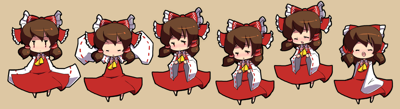 blueberry (5959), hakurei reimu, touhou, long image, wide image, 1girl, blush, bow, brown hair, chibi, detached sleeves, female focus, hair bow, japanese clothes, long sleeves, miko, multiple views, simple background