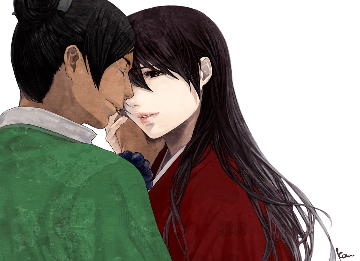 katsura (+araka), balsa, tanda, seirei no moribito, bad id, bad pixiv id, 1boy, 1girl, black hair, brown hair, couple, hetero, japanese clothes, lips, long hair