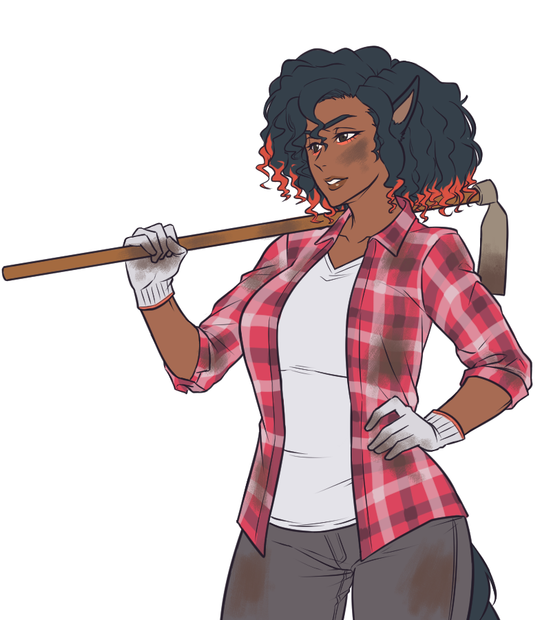 kirby otaku, mudsdale, nintendo, pokemon, commentary, english commentary, 1girl, animal ears, black eyes, black hair, breasts, brown pants, colored tips, dark-skinned female, dark skin, gen 7 pokemon, gloves, holding hoe, horse ears, horse girl, horse tail, large breasts, looking at viewer, multicolored hair, pants, personification, plaid clothes, plaid shirt, red hair, red shirt, shirt, simple background, solo, tail, transparent background, upper body, v-neck, white gloves, white shirt