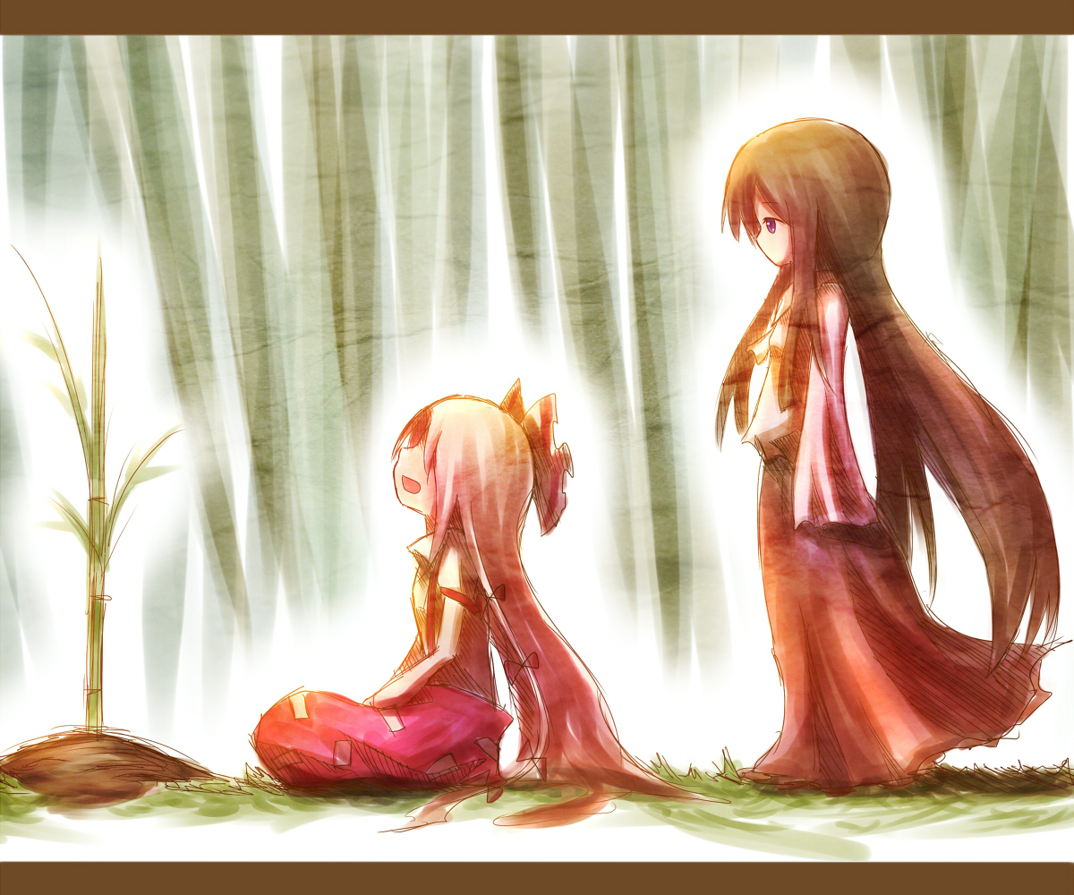 ayakashi (monkeypanch), fujiwara no mokou, houraisan kaguya, touhou, silver hair, bad id, bad pixiv id, 2girls, bamboo, bamboo forest, brown hair, despair, female focus, forest, hair ribbon, letterboxed, long hair, multiple girls, nature, purple eyes, ribbon, sitting, suspenders