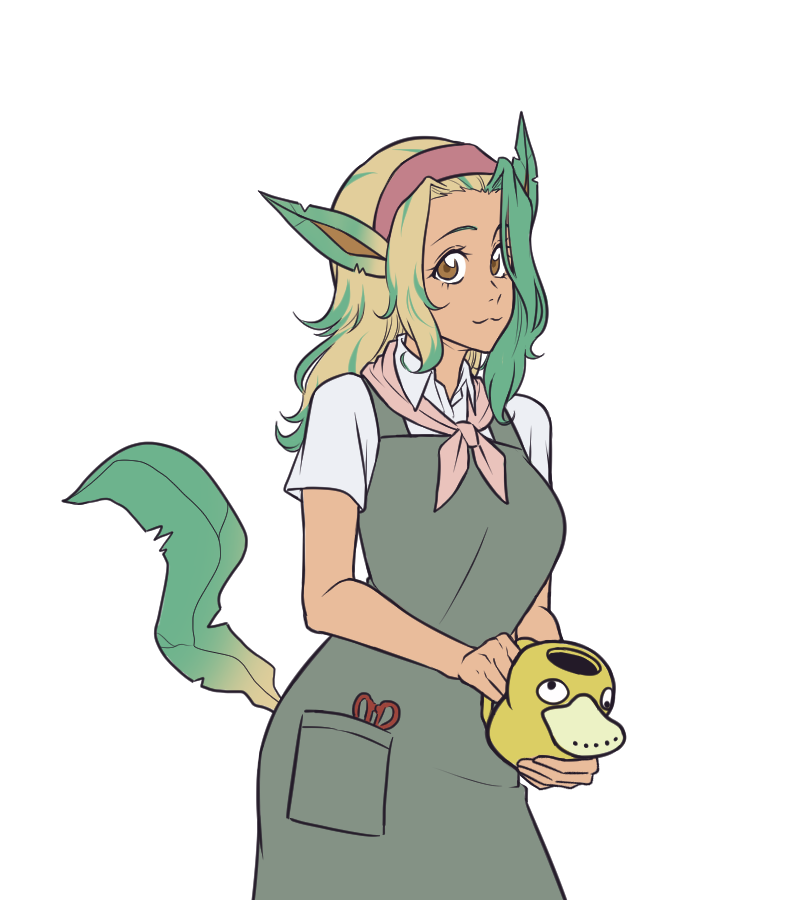 kirby otaku, leafeon, psyduck, nintendo, pokemon, commentary, english commentary, 1girl, :3, animal ears, apron, blonde hair, breasts, brown eyes, closed mouth, collared shirt, cowboy shot, gen 1 pokemon, gen 4 pokemon, green apron, green hair, hairband, holding, holding watering can, looking at viewer, medium breasts, multicolored hair, personification, purple hairband, scissors, shirt, short sleeves, simple background, smile, solo, streaked hair, tail, transparent background, watering can, white shirt