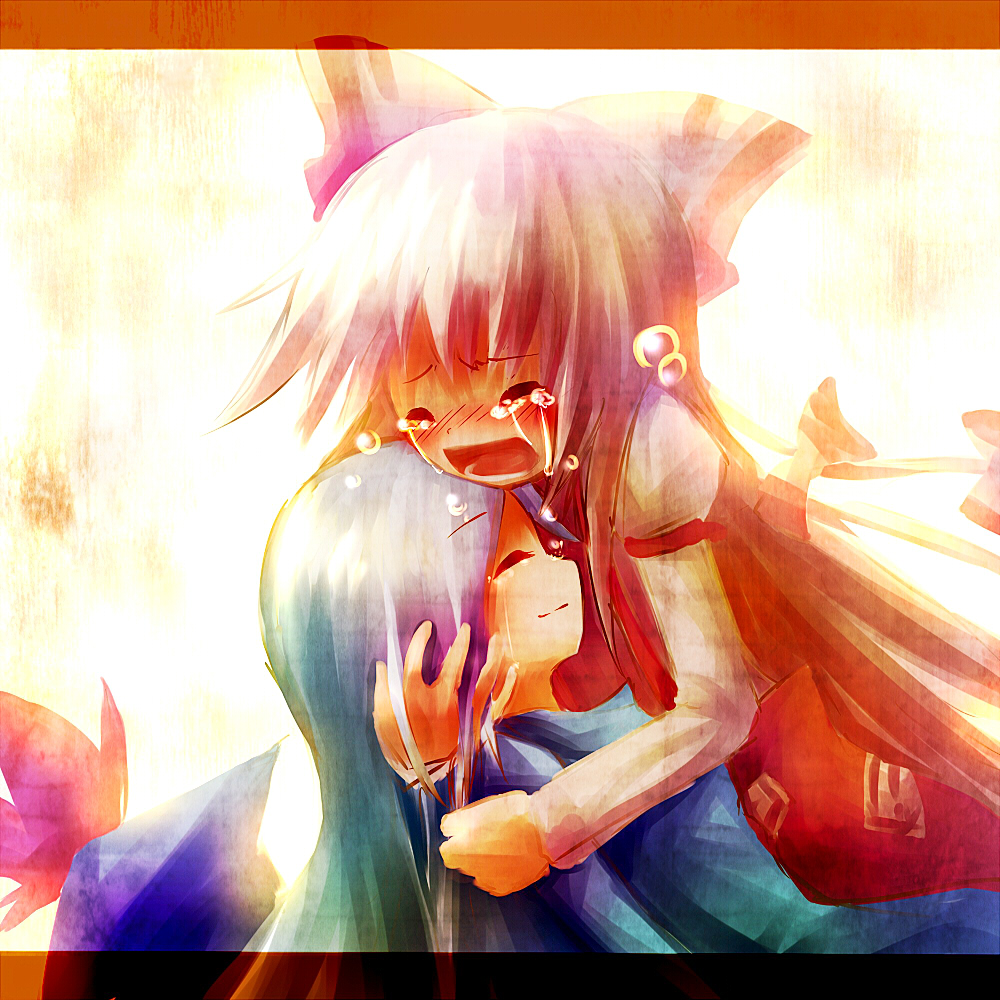 ayakashi (monkeypanch), fujiwara no mokou, kamishirasawa keine, touhou, silver hair, bad id, bad pixiv id, 2girls, blue hair, blush, bow, closed eyes, crying, female focus, hat, long hair, multiple girls, open mouth, suspenders, tears