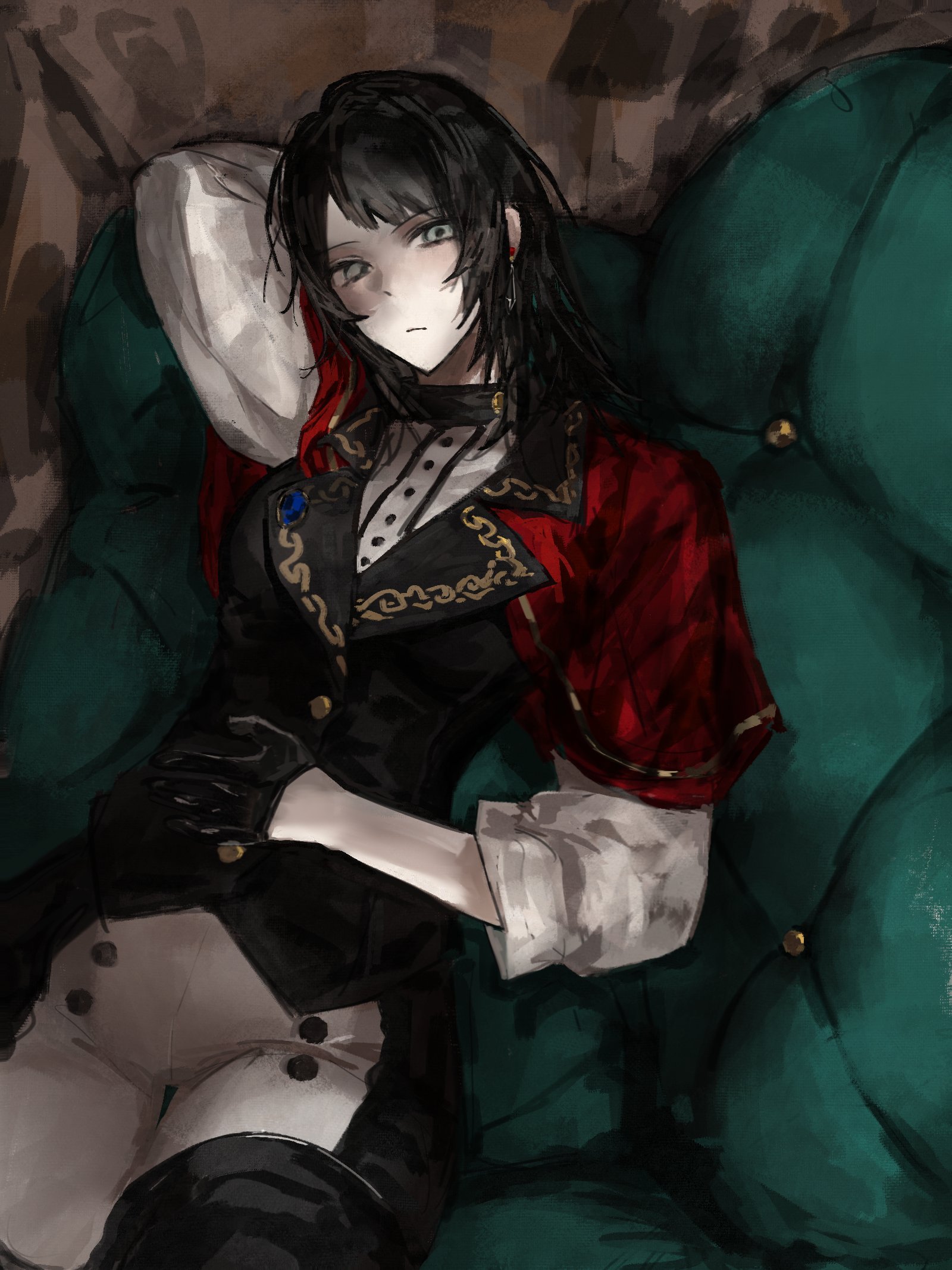 feiyu30903448, timoris (bang dream!), yahata umiri, bang dream!, bang dream! it's mygo!!!!!, highres, 1girl, black gloves, black hair, black pants, black vest, blue eyes, capelet, closed mouth, gloves, looking at viewer, medium hair, pants, red capelet, sitting, solo, two-tone pants, vest, white pants