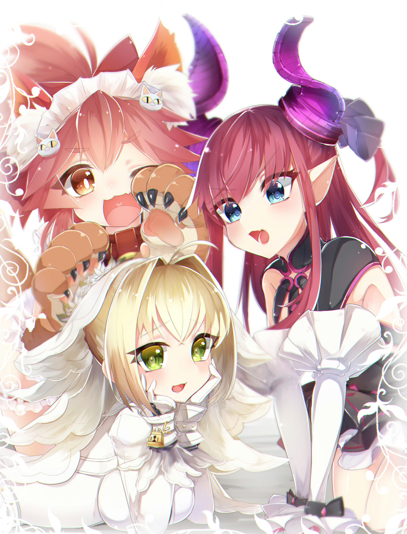 reirou (chokoonnpu), elizabeth bathory (fate), nero claudius (fate), tamamo cat (fate), fate/extra, fate/extra ccc, fate/grand order, fate (series), commentary request, highres, 3girls, animal hands, blue eyes, bright pupils, cat hair ornament, choker, eyelashes, gloves, green eyes, hair ornament, horns, lock, long hair, maid headdress, multiple girls, open mouth, padlock, paw gloves, pink hair, pointy ears, purple horns, white pupils