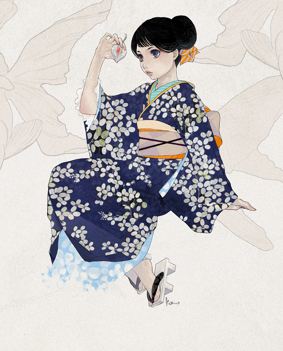 katsura (+araka), original, sepia background, bad id, bad pixiv id, highres, 1girl, arm support, arm up, black hair, blue eyes, chinese lantern (plant), female focus, from side, full body, geta, hair bun, hair ribbon, holding, japanese clothes, kimono, lips, no socks, obi, parted lips, ribbon, sash, signature, single hair bun, sitting, solo, striped ribbon