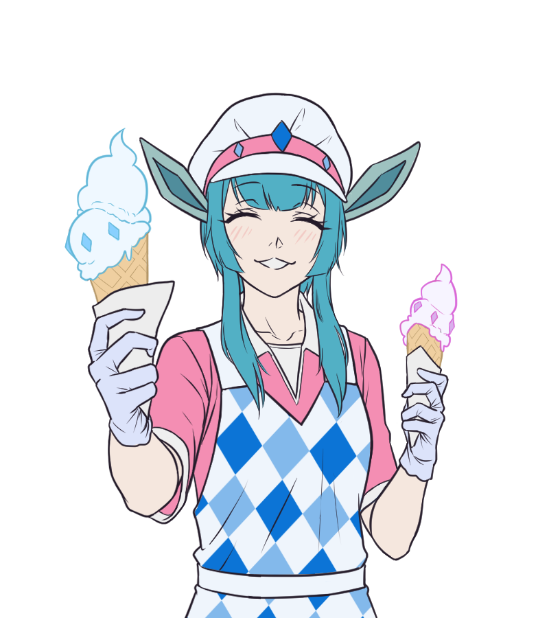 kirby otaku, glaceon, nintendo, pokemon, commentary, english commentary, 1girl, animal ears, apron, blue apron, blue hair, checkered apron, checkered clothes, closed eyes, food, gen 4 pokemon, gloves, grey gloves, grin, holding, holding food, holding ice cream, holding ice cream cone, ice cream, ice cream cone, personification, pink shirt, shirt, short hair with long locks, short sleeves, sidelocks, simple background, smile, solo, transparent background, upper body, white apron