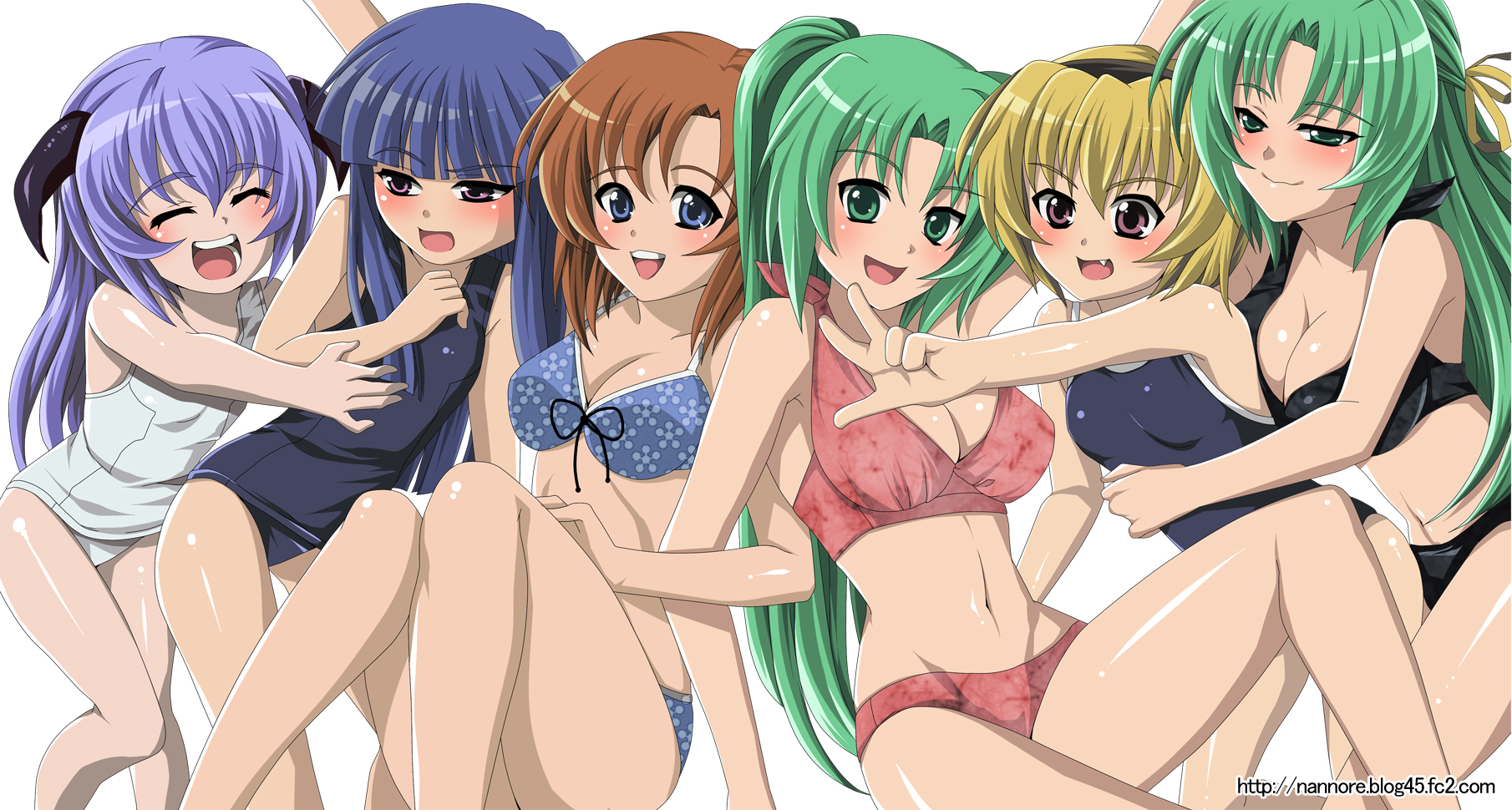 nannore, furude rika, hanyuu, houjou satoko, ryuuguu rena, sonozaki mion, sonozaki shion, higurashi no naku koro ni, bad id, bad pixiv id, highres, 00s, 6+girls, bikini, blonde hair, blue eyes, blue hair, blush, brown eyes, brown hair, closed eyes, fang, green eyes, green hair, long hair, multiple girls, one-piece swimsuit, ponytail, purple hair, school swimsuit, short hair, siblings, sisters, swimsuit, twins, white one-piece swimsuit, white school swimsuit