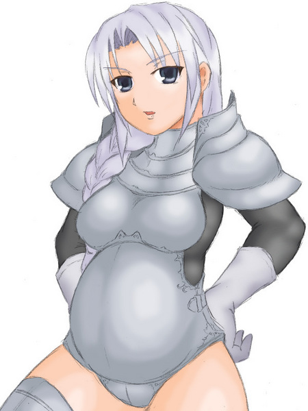 silver hair, 1girl, armor, braid, female focus, gloves, grey eyes, open mouth, pregnant, side braid, solo