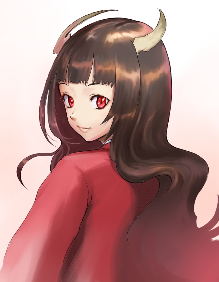 iceojin, original, bad id, bad pixiv id, 1girl, black hair, female focus, horns, lips, long hair, looking at viewer, looking back, portrait, red eyes, solo