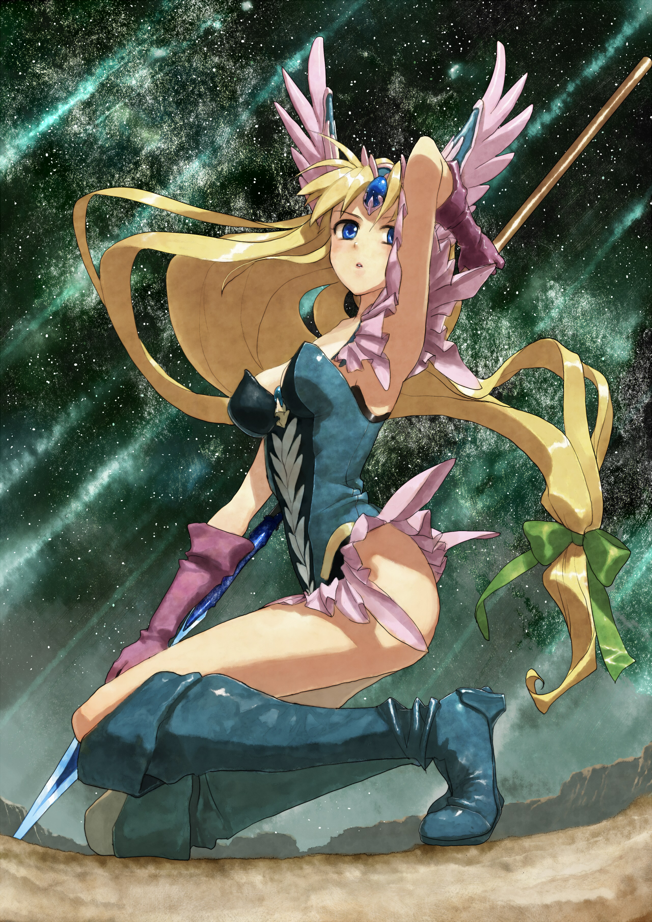 bob (biyonbiyon), riesz, star lancer, seiken densetsu, seiken densetsu 3, highres, 1girl, armpits, blonde hair, blue boots, blue eyes, boots, breasts, cleavage, female focus, knee boots, long hair, low-tied long hair, medium breasts, night, night sky, no bra, polearm, scenery, sky, solo, spear, star (sky), star (symbol), starry sky, weapon
