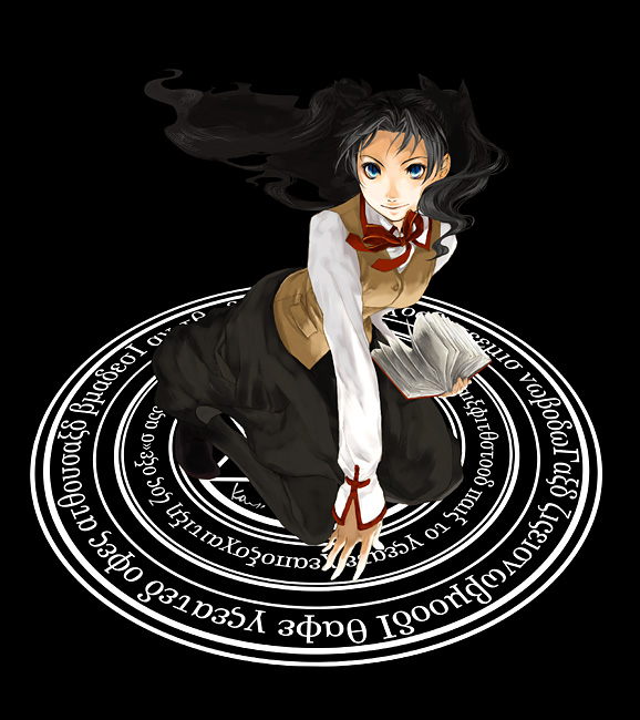 katsura (+araka), tohsaka rin, fate/stay night, fate (series), 00s, 1girl, book, female focus, homurabara academy school uniform, long hair, magic circle, pantyhose, school uniform, solo, spell