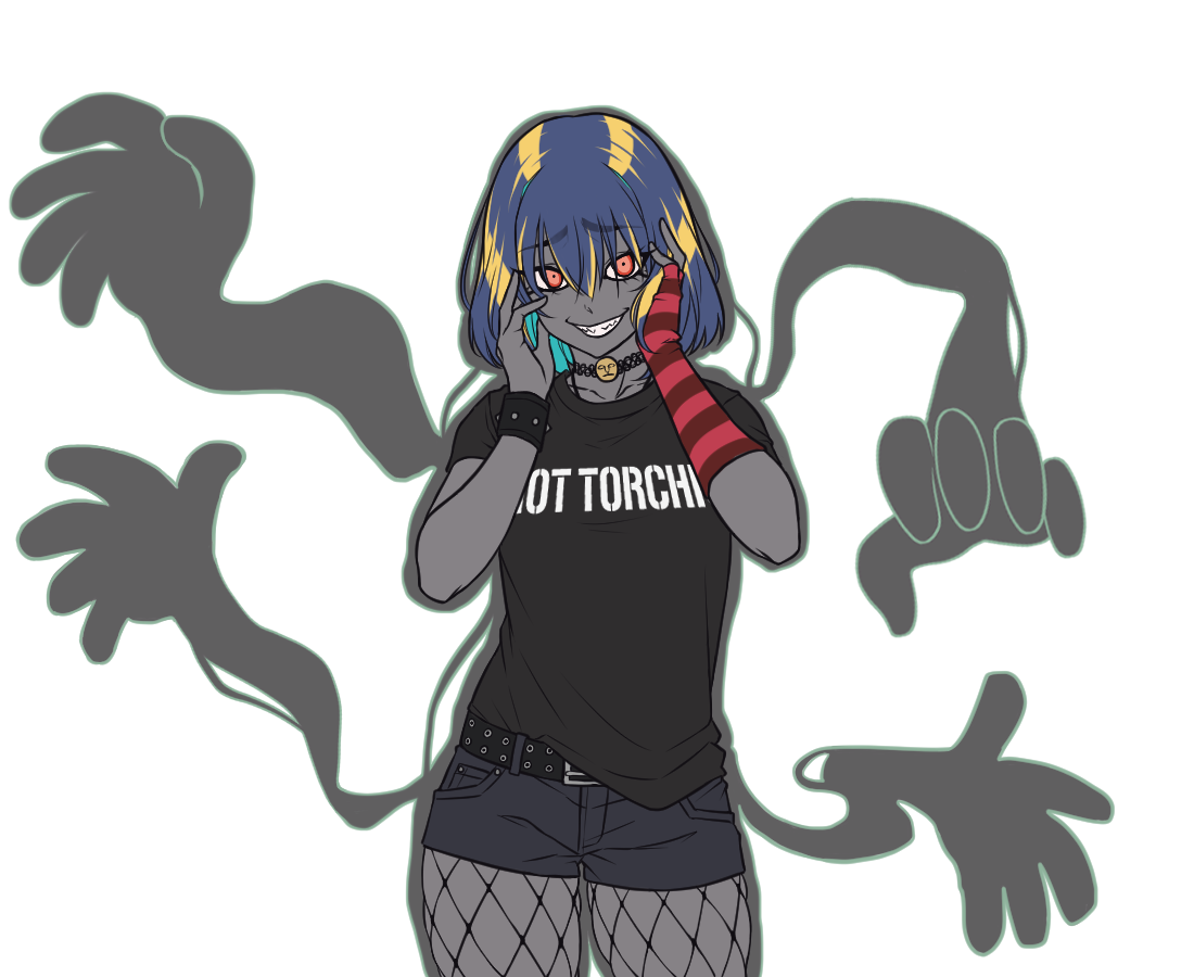 kirby otaku, cofagrigus, nintendo, pokemon, commentary, english commentary, belt, black belt, black pantyhose, black shirt, blonde hair, blue hair, colored skin, emo fashion, fingerless gloves, fishnet pantyhose, fishnets, gen 5 pokemon, gloves, grey shorts, grey skin, hands on own cheeks, hands on own face, hot topic, looking at viewer, multicolored hair, pantyhose, personification, red eyes, red gloves, sharp teeth, shirt, shorts, simple background, single glove, solo, spiked wristband, streaked hair, striped clothes, striped gloves, teeth, transparent background, vectors